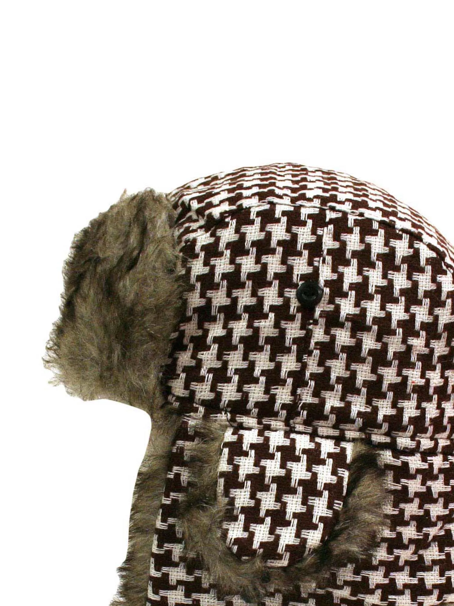 Brown & White Houndstooth Faux Fur Lined Aviator Hat