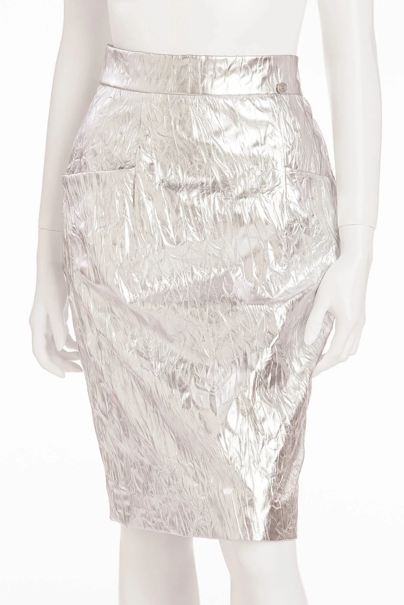 Chanel - New with Tags Leather Crinkled Silver Pencil Skirt - FR 40