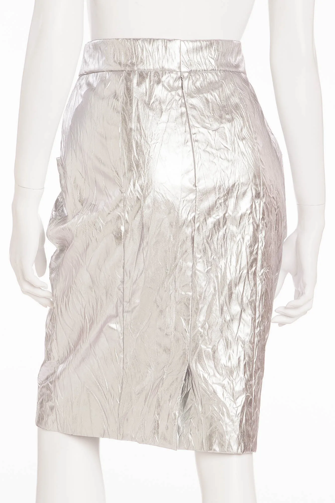 Chanel - New with Tags Leather Crinkled Silver Pencil Skirt - FR 40