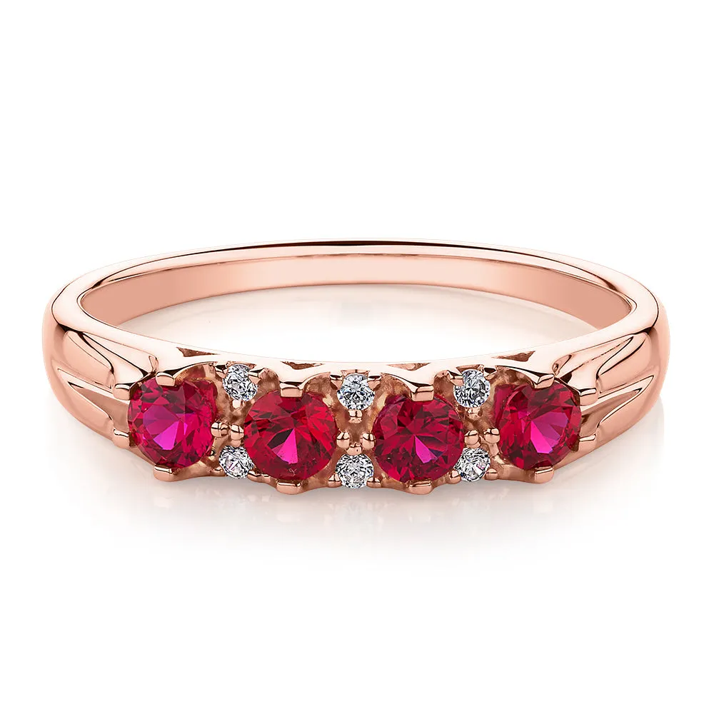 Dress ring with ruby and diamond simulants in 10 carat rose gold