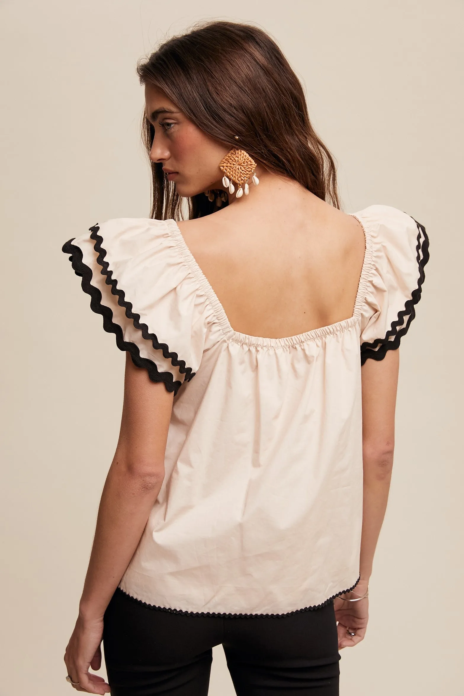 Ecru Flutter Sleeve Top with Ric-Rac Trim