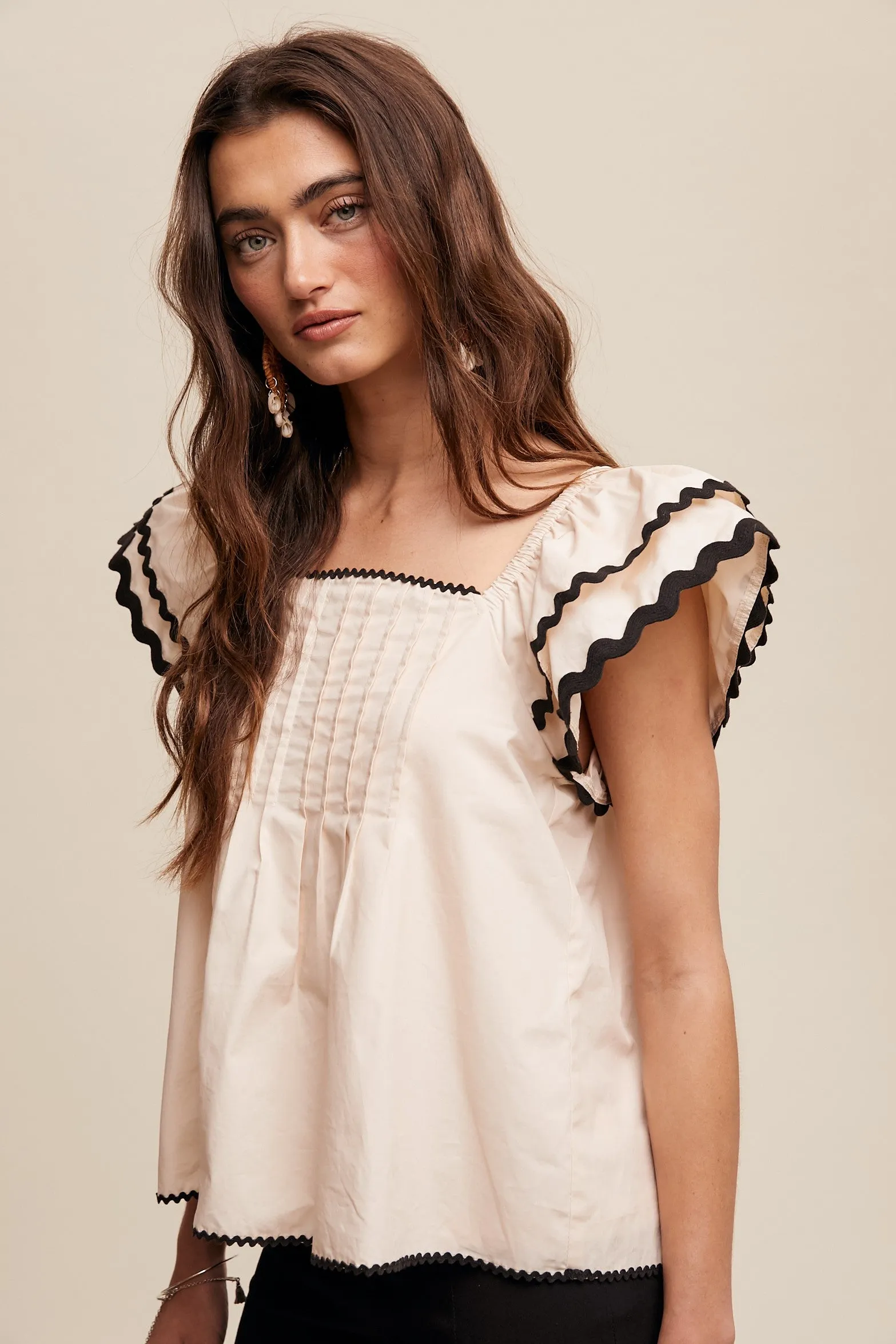 Ecru Flutter Sleeve Top with Ric-Rac Trim