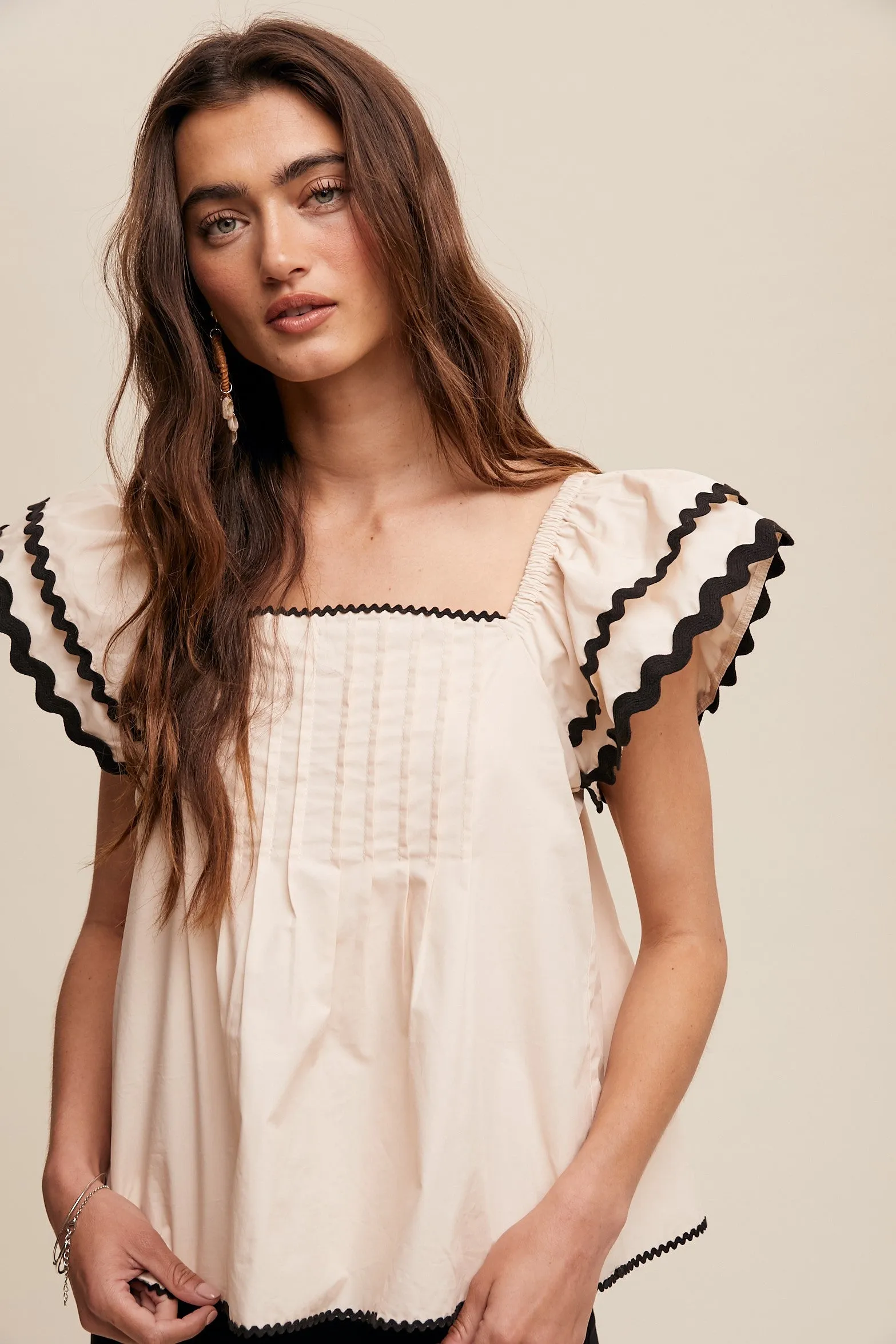 Ecru Flutter Sleeve Top with Ric-Rac Trim