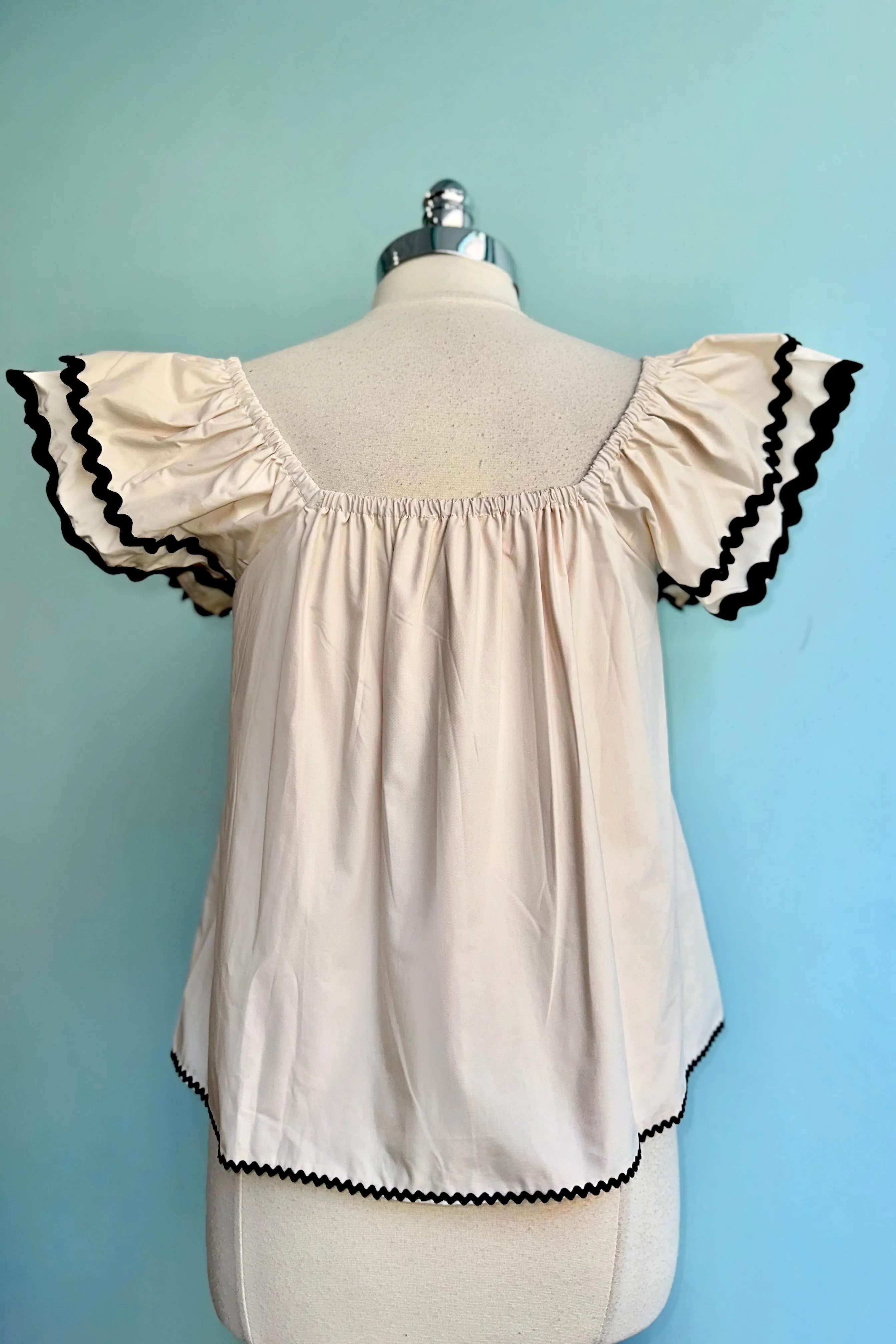 Ecru Flutter Sleeve Top with Ric-Rac Trim
