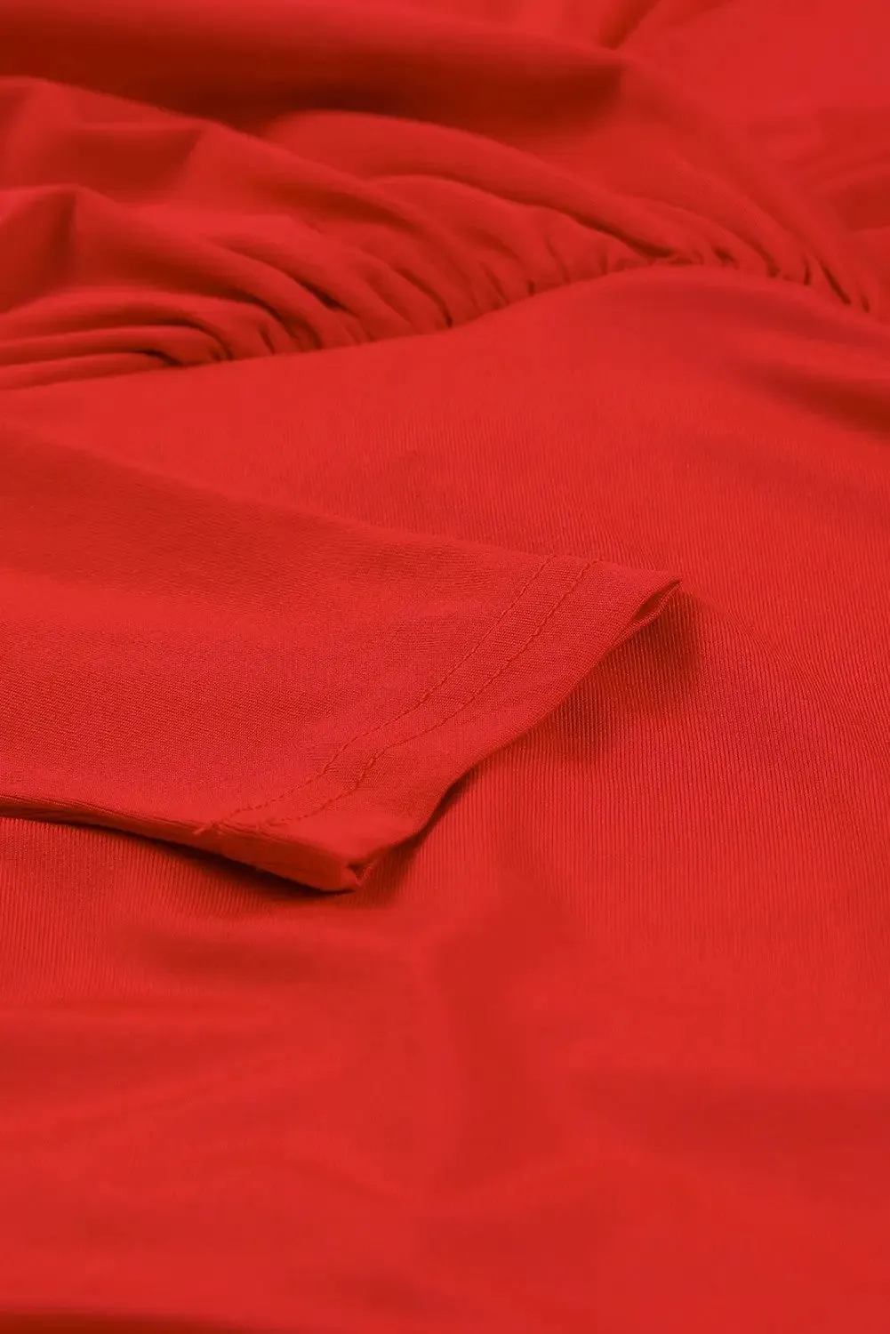Fiery Red Long Sleeves Wrap V Neck Ruched Sheath Bodycon Dress