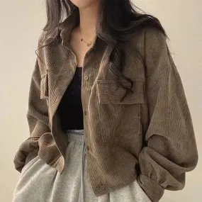 Getadme Corduroy Vintage Oversized Crop Women's Jacket Black Chic Coats Harajuku Fashion New Cardigan Female Tops Retro Clothes