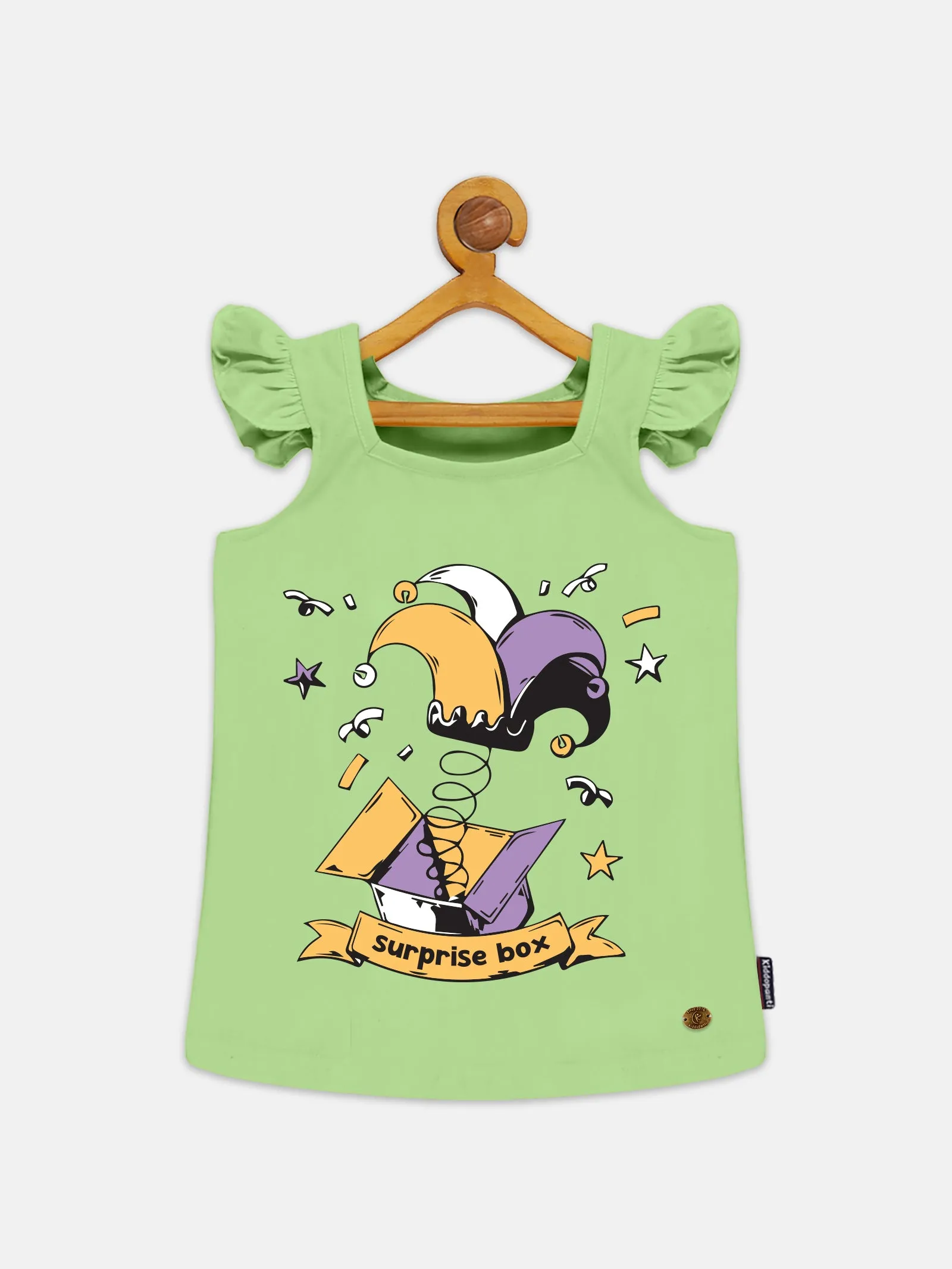 Girls Printed Frill Sleeve Square Neck Tee & Frill Pocket Hot Shorts Set