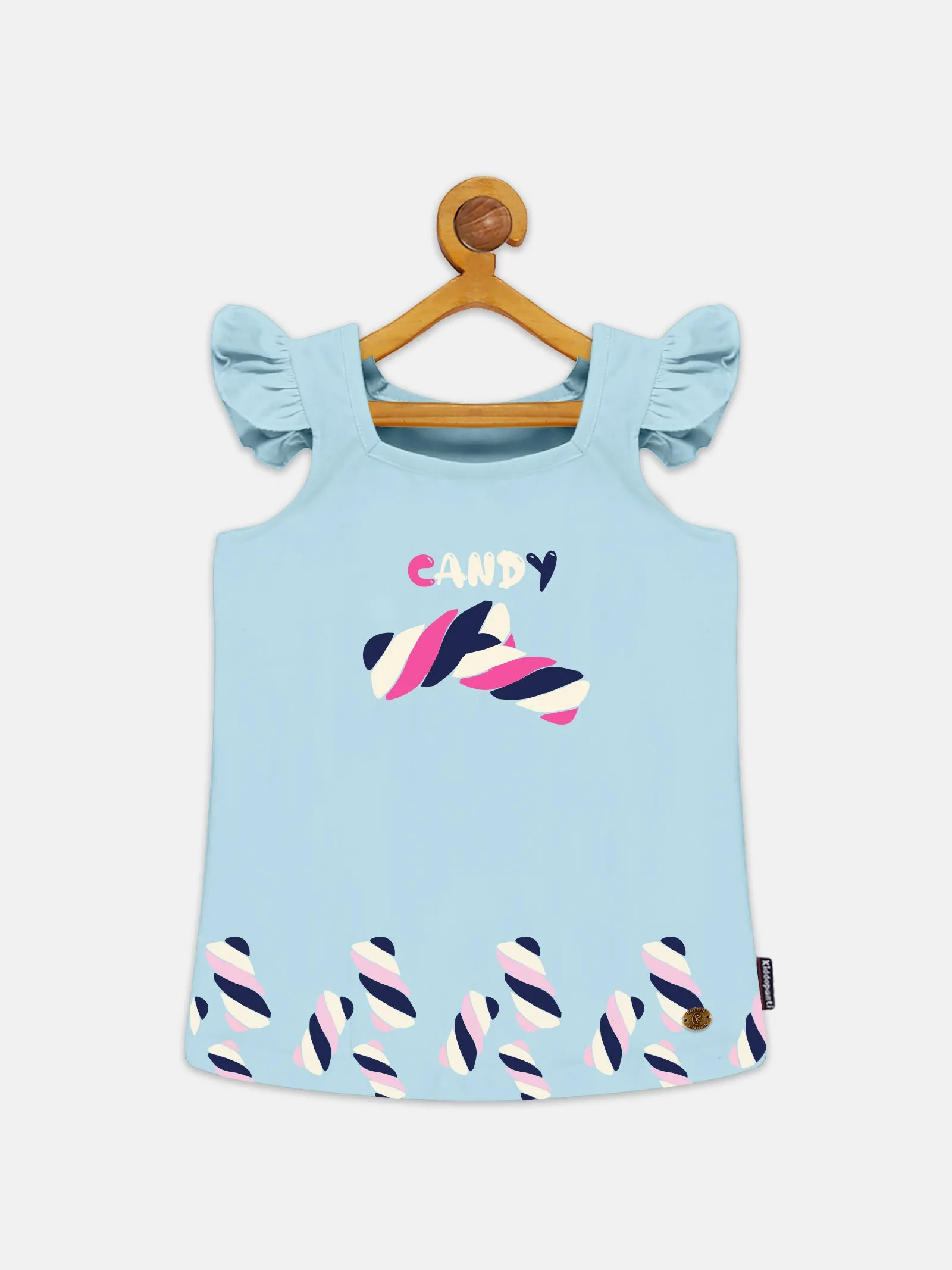 Girls Printed Frill Sleeve Square Neck Tee & Frill Pocket Hot Shorts Set