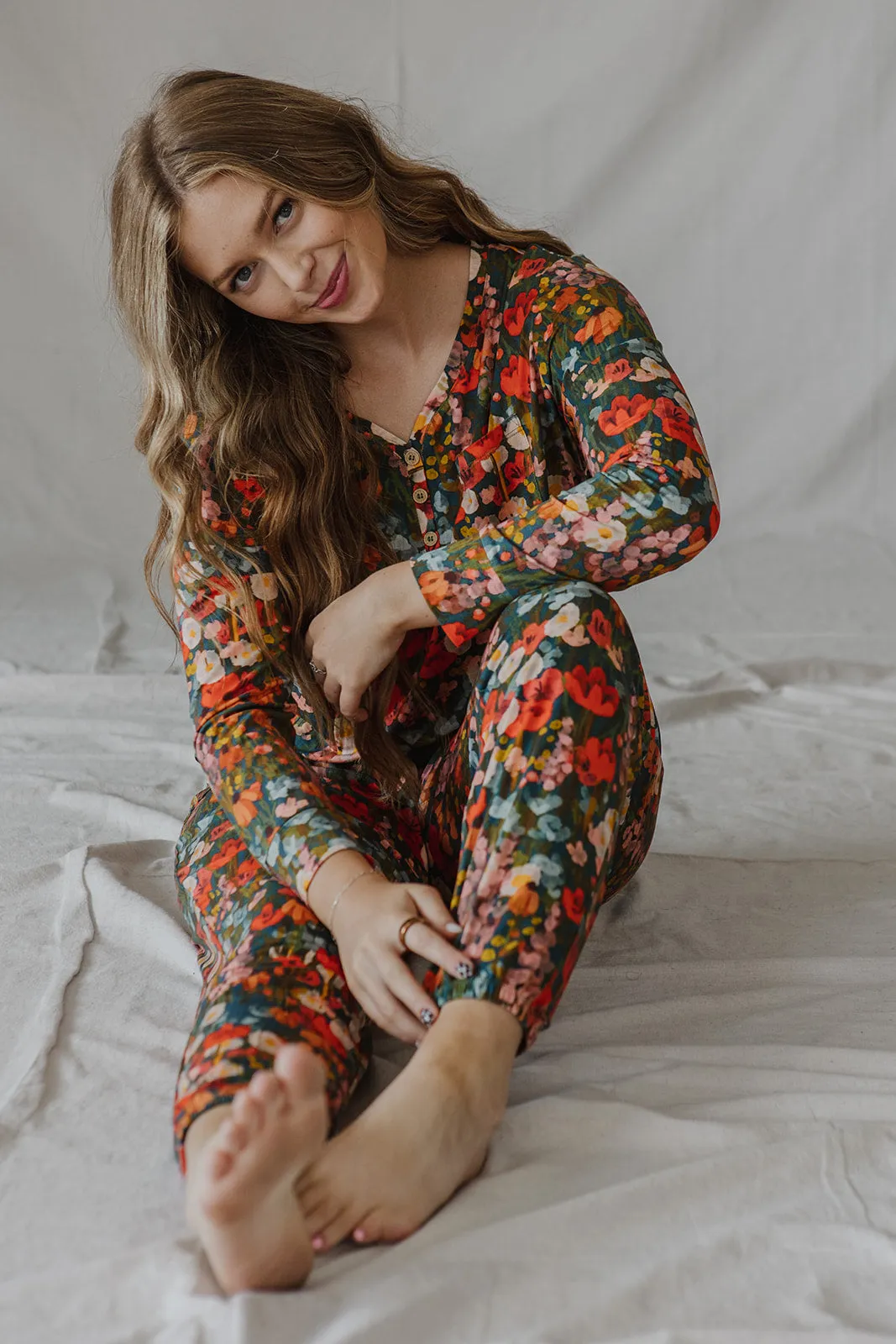 HENLEY PANTS SET LONG SLEEVE | Green Watercolor Floral