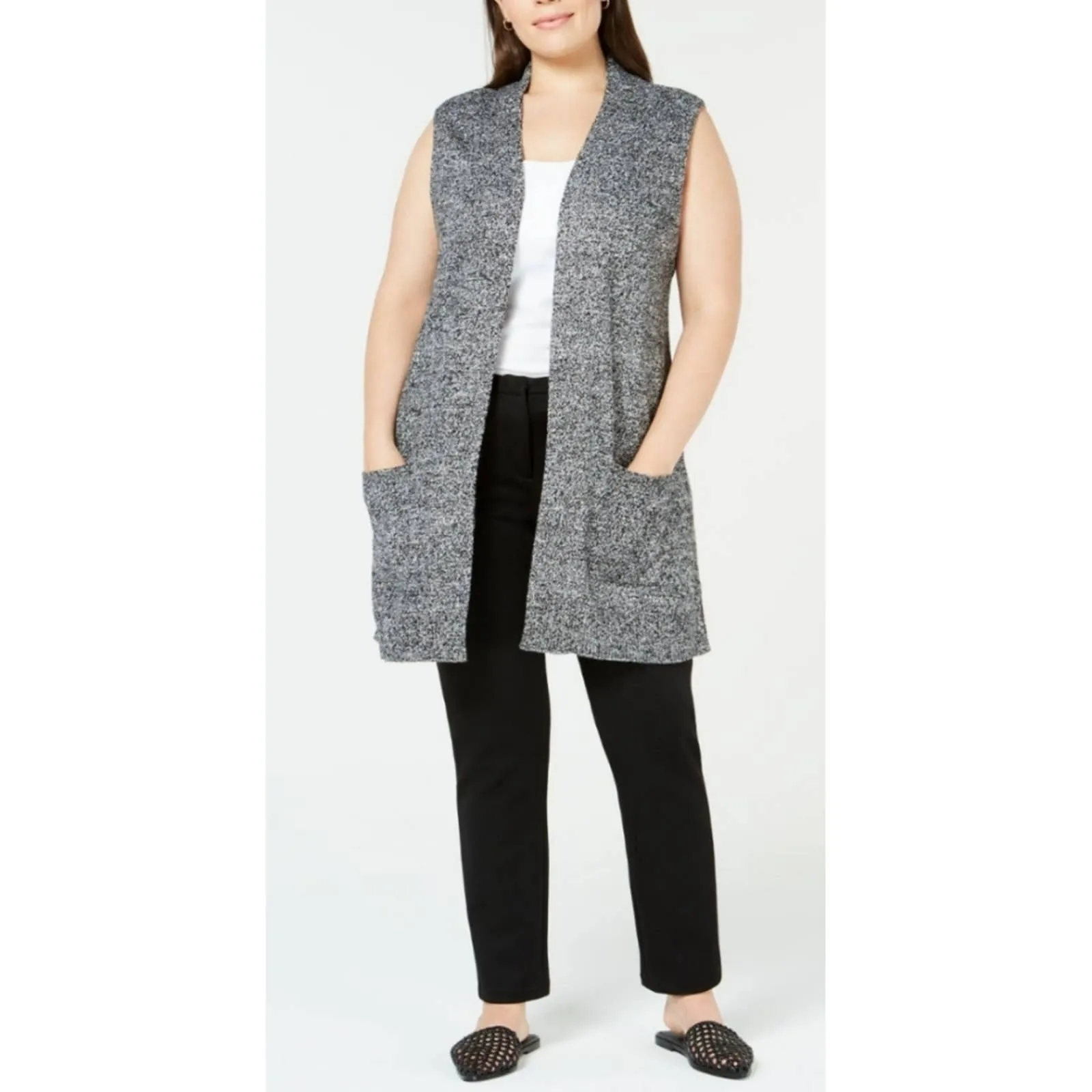 Karen Scott Marled Sweater Vest Large Black White