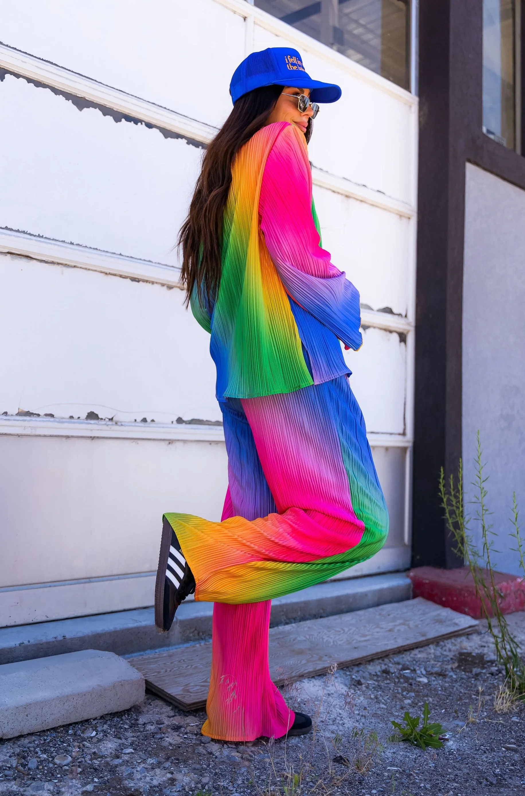 Long Sleeve Plissé Set in Prismatic Rainbow