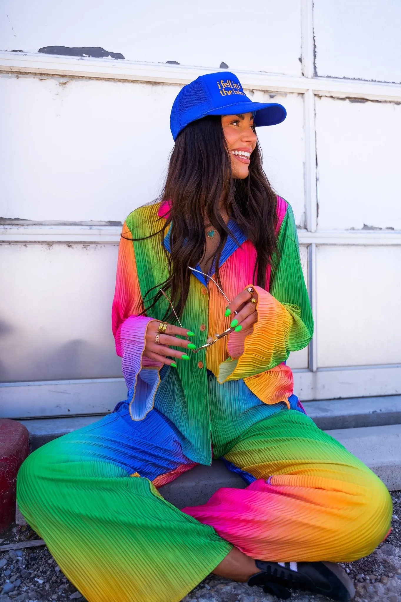 Long Sleeve Plissé Set in Prismatic Rainbow
