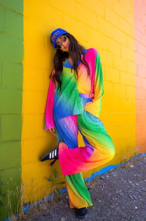 Long Sleeve Plissé Set in Prismatic Rainbow