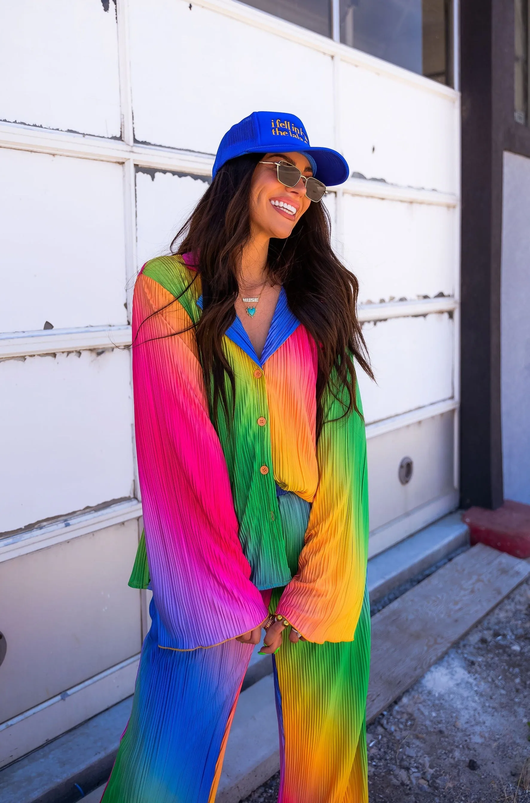 Long Sleeve Plissé Set in Prismatic Rainbow