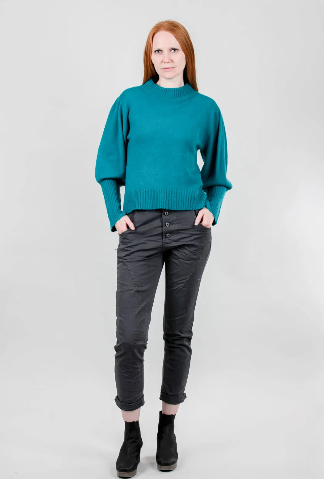 Puff-Sleeve Rib Detail Sweater, Teal