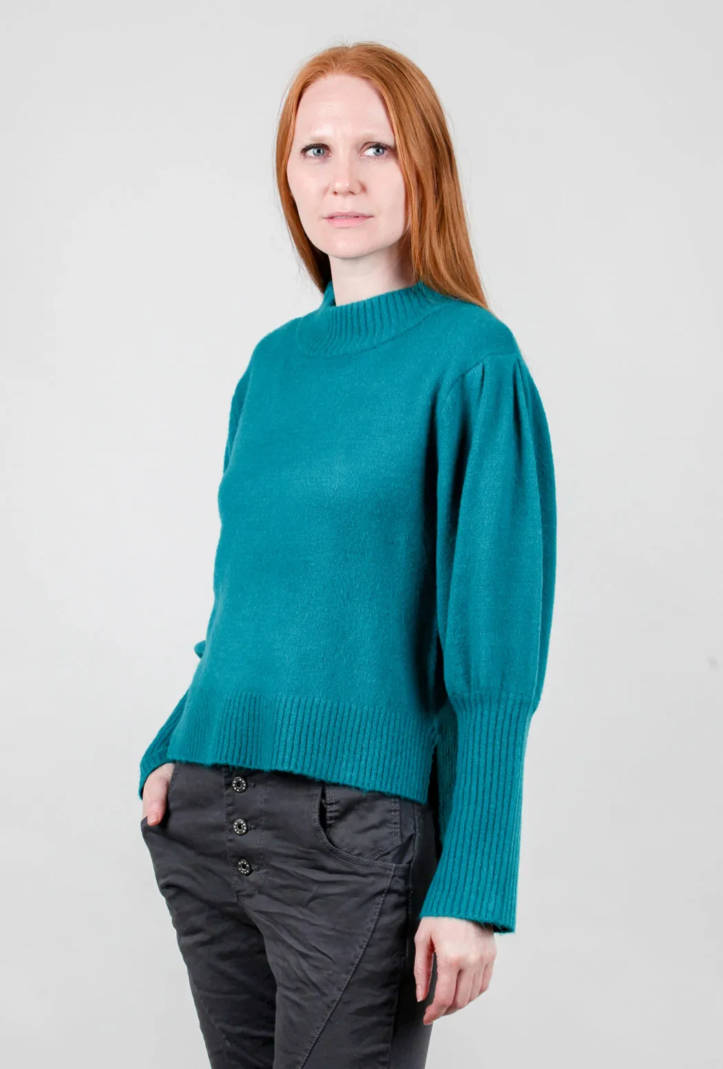Puff-Sleeve Rib Detail Sweater, Teal