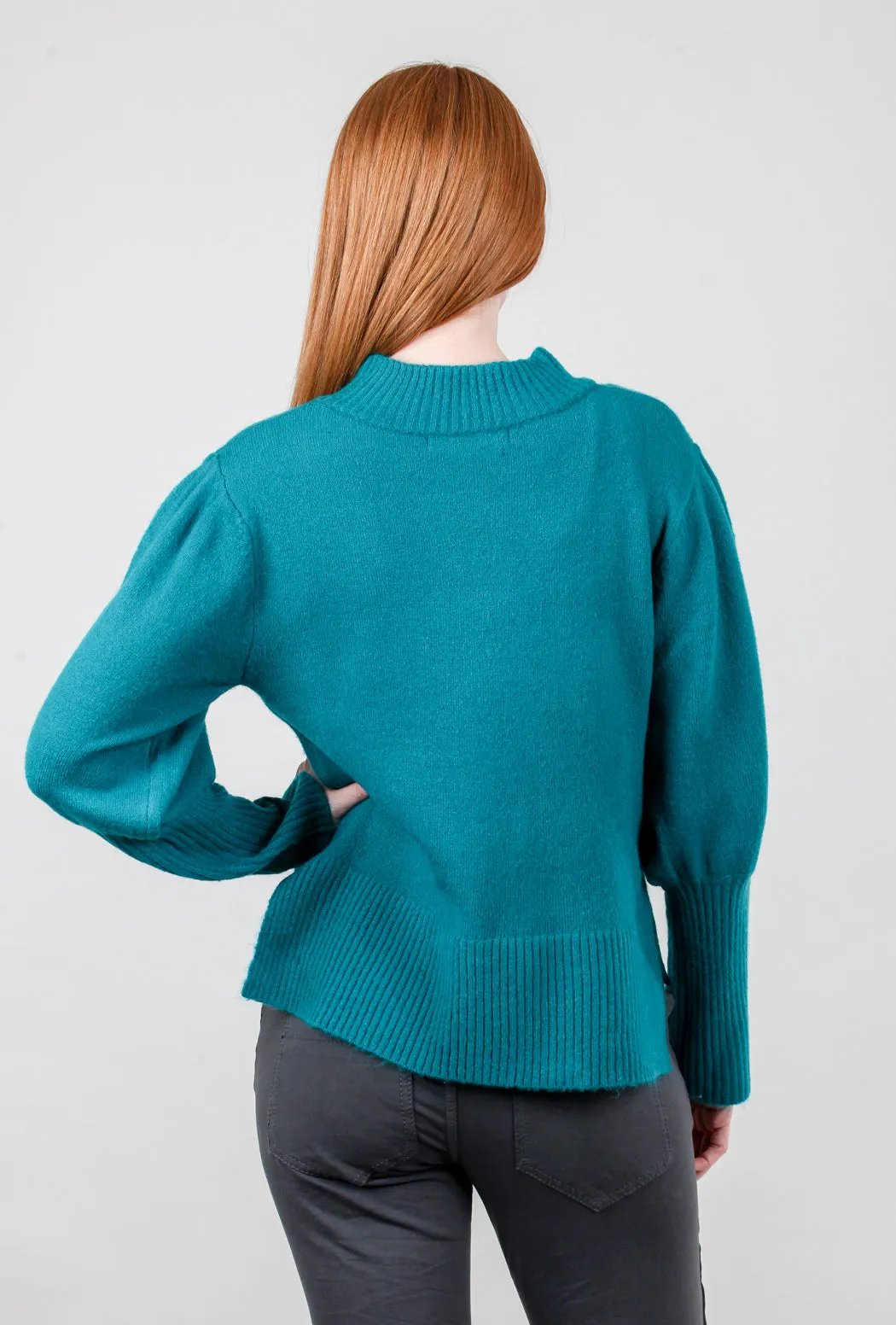 Puff-Sleeve Rib Detail Sweater, Teal