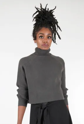 Ribbed Raglan-Sleeve Turtleneck, Olive