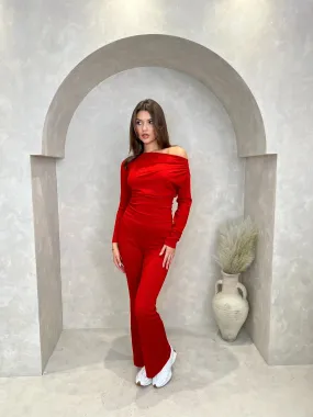 Ruched Side Top And Wide Leg Trouser Set