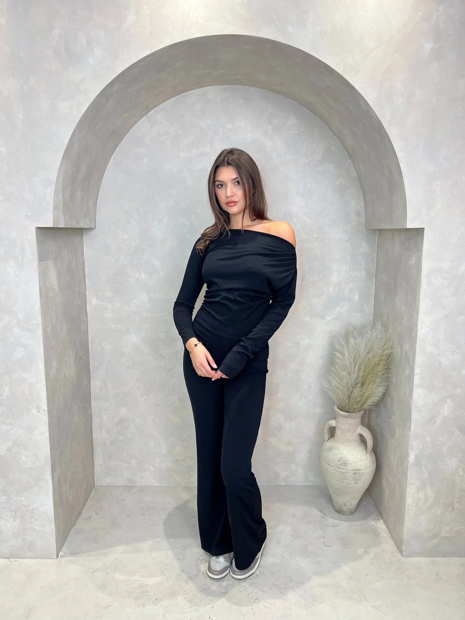 Ruched Side Top And Wide Leg Trouser Set