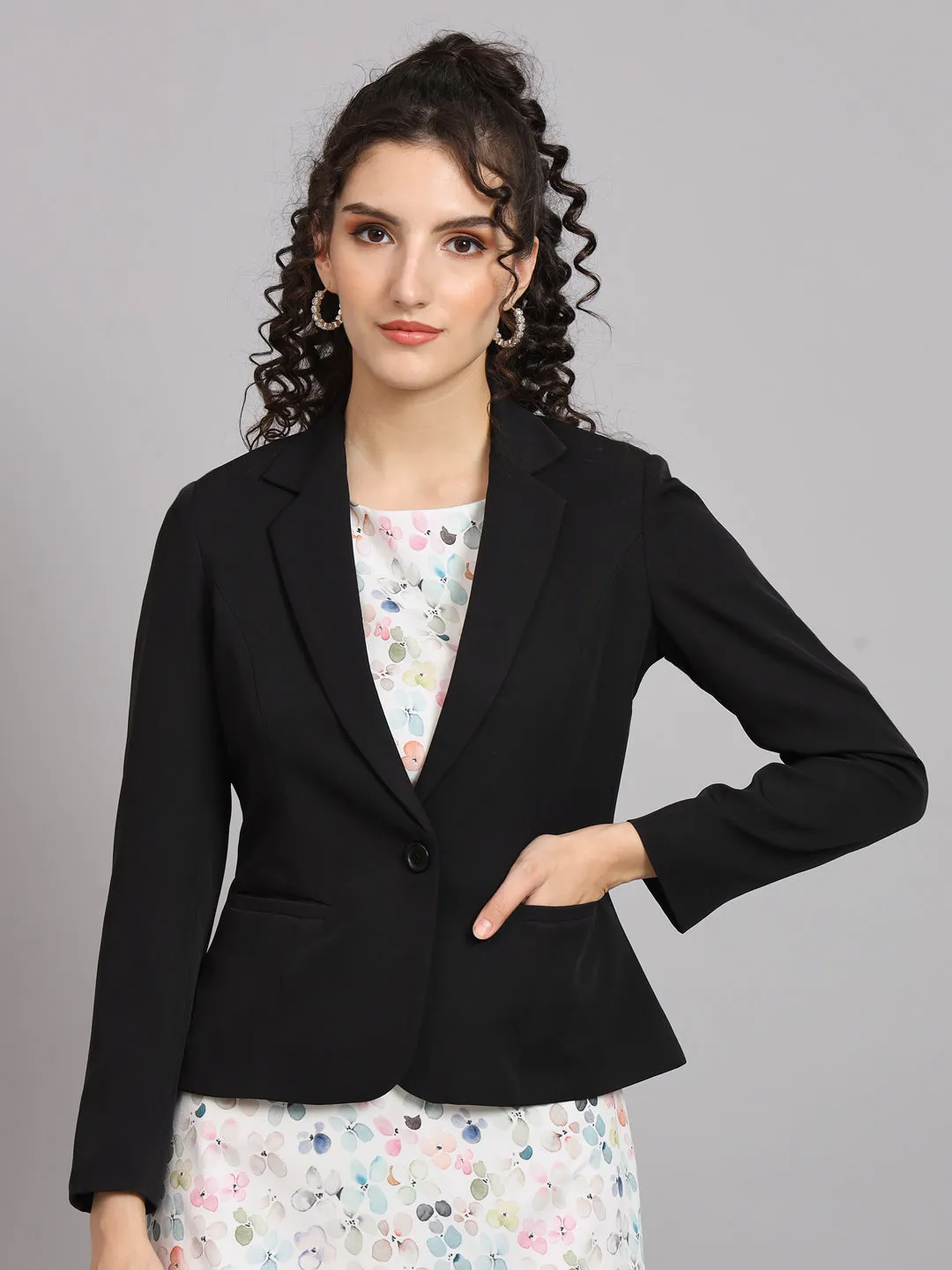 Short Notched Collar Blazer with Printed Frill Dress
