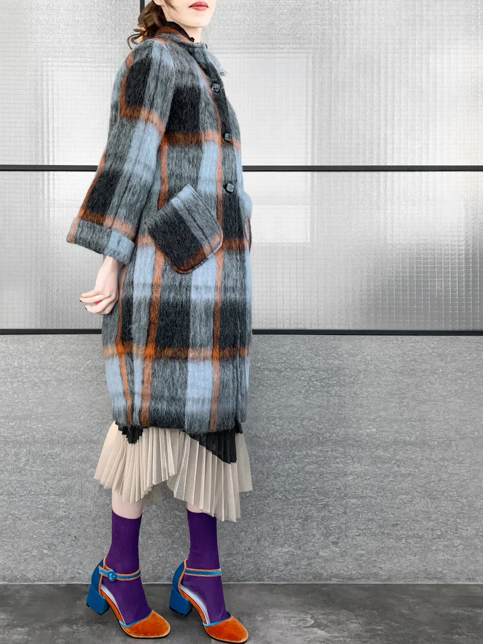 Surprise Sale! Brushed Plaid Tuxedo-collar Woolly Overcoat