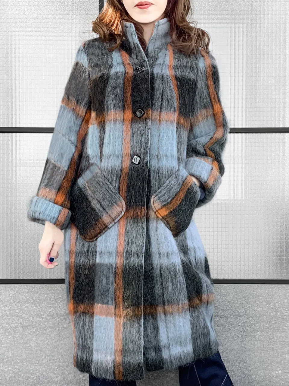Surprise Sale! Brushed Plaid Tuxedo-collar Woolly Overcoat