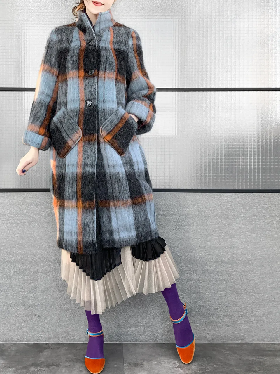 Surprise Sale! Brushed Plaid Tuxedo-collar Woolly Overcoat