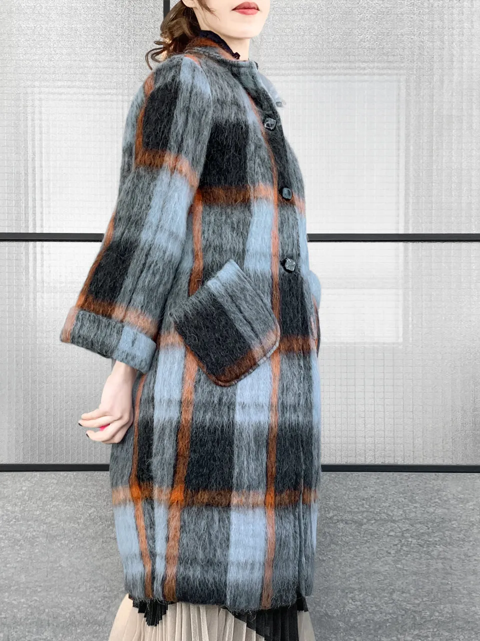 Surprise Sale! Brushed Plaid Tuxedo-collar Woolly Overcoat