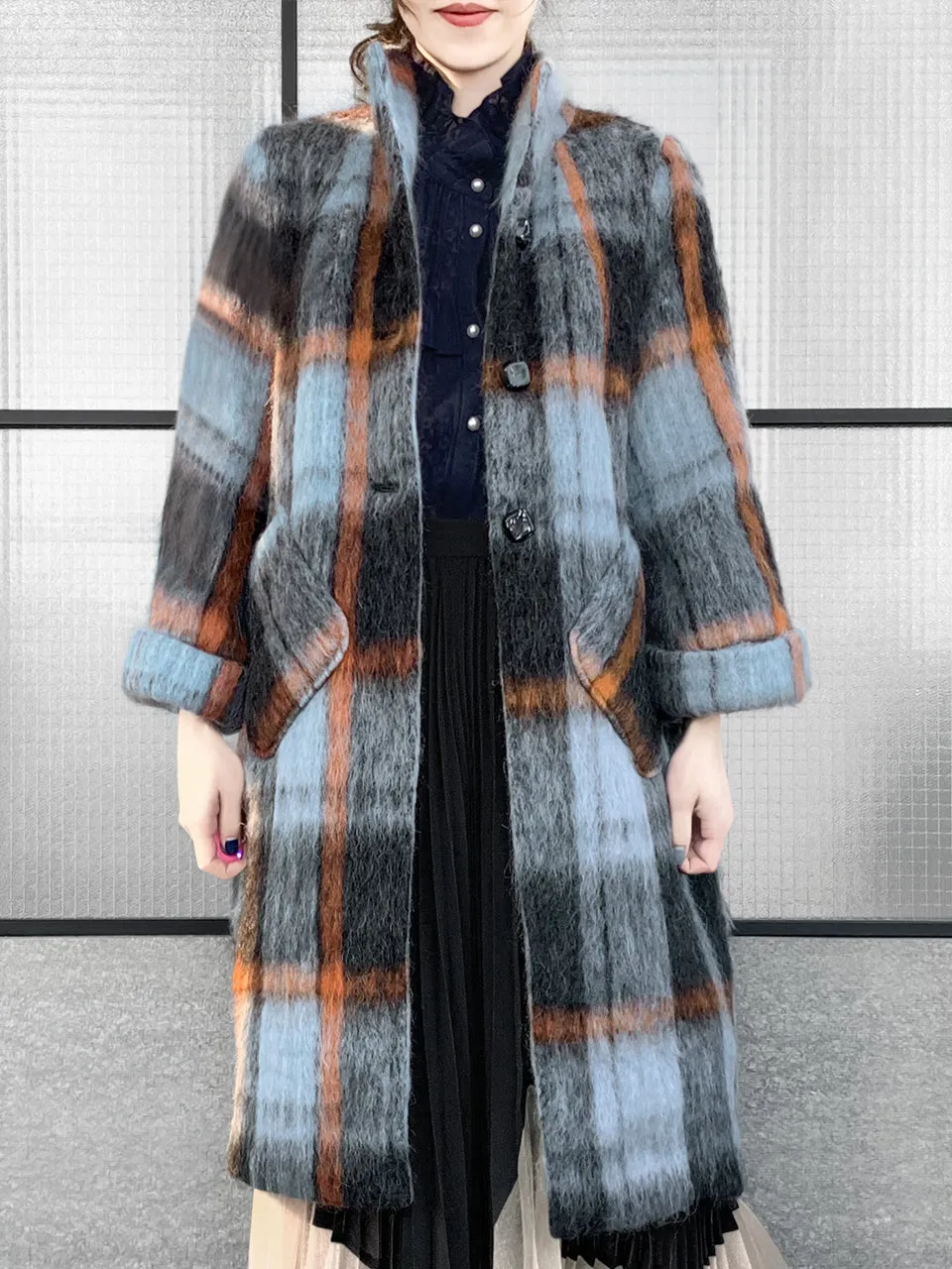 Surprise Sale! Brushed Plaid Tuxedo-collar Woolly Overcoat