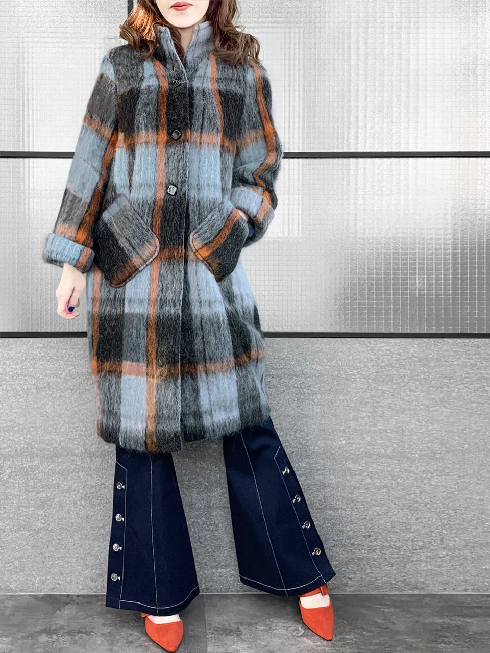 Surprise Sale! Brushed Plaid Tuxedo-collar Woolly Overcoat