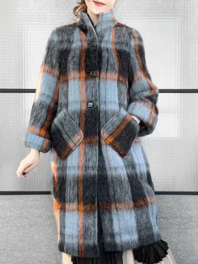 Surprise Sale! Brushed Plaid Tuxedo-collar Woolly Overcoat