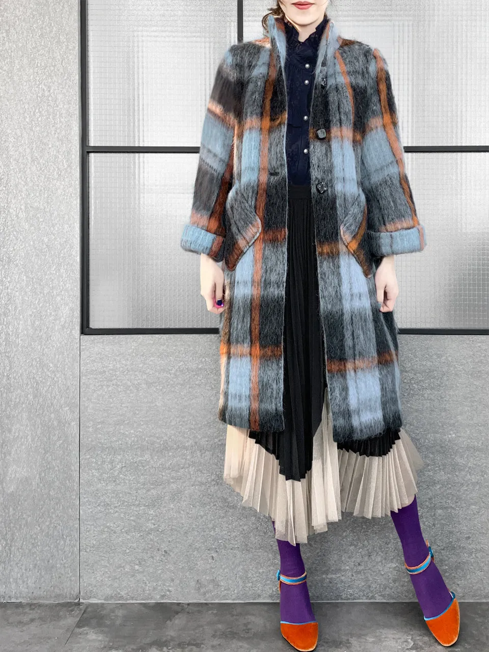 Surprise Sale! Brushed Plaid Tuxedo-collar Woolly Overcoat