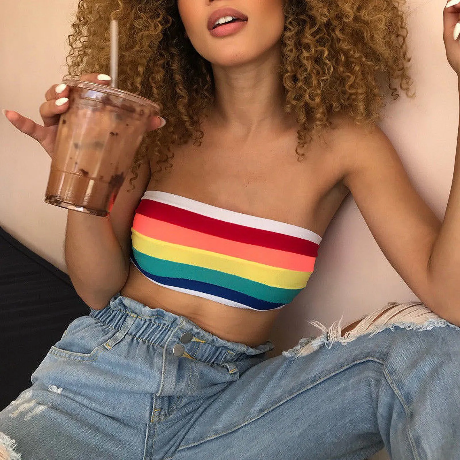 Women Rainbow Sexy Off-shoulder Tube Crop Tops Strapless Bra Yoga Vests - bucketstores.com