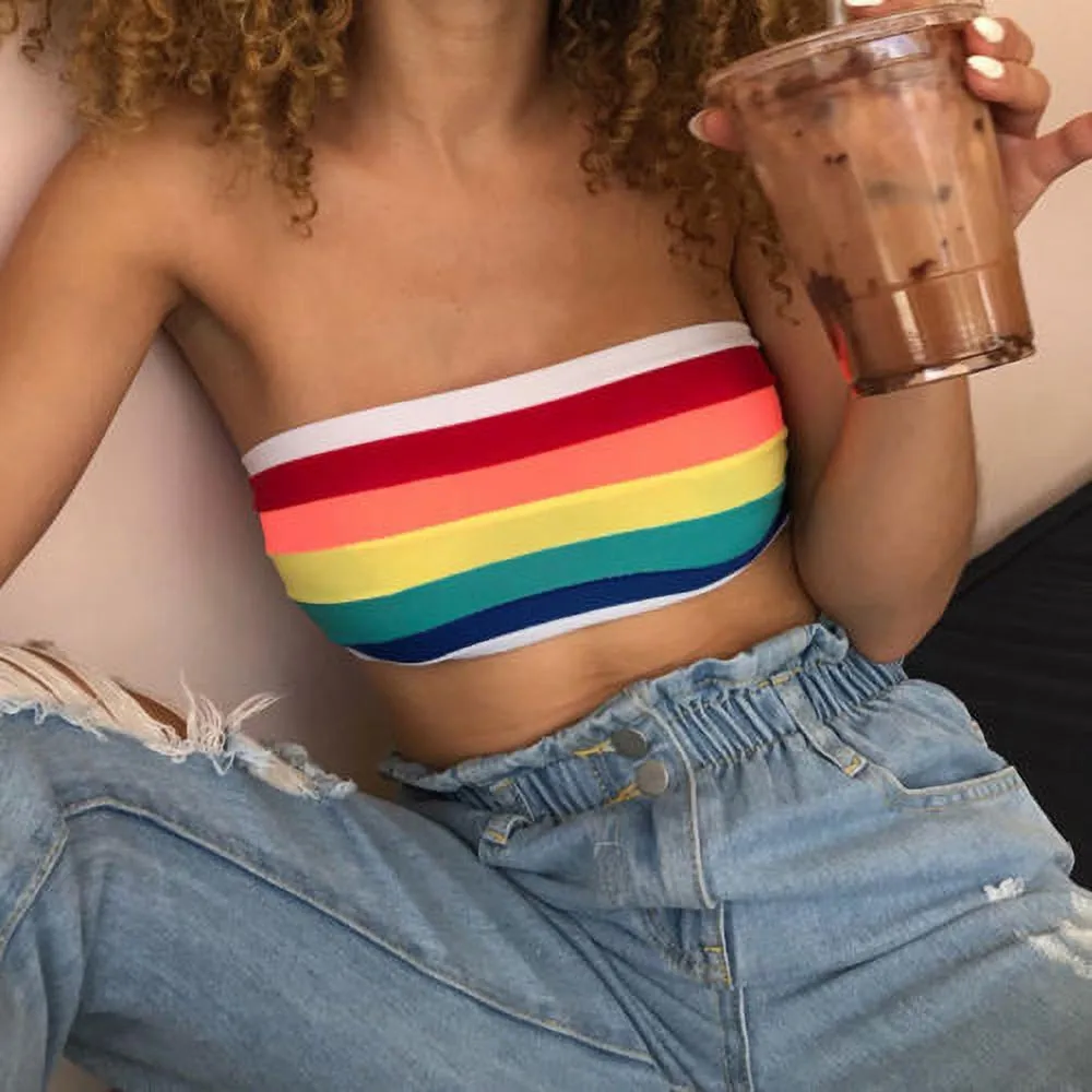 Women Rainbow Sexy Off-shoulder Tube Crop Tops Strapless Bra Yoga Vests - bucketstores.com